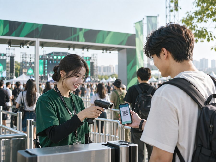 행사장 입구에서 직원이 관람객 스마트폰의 QR 티켓을 스캔하는 모습